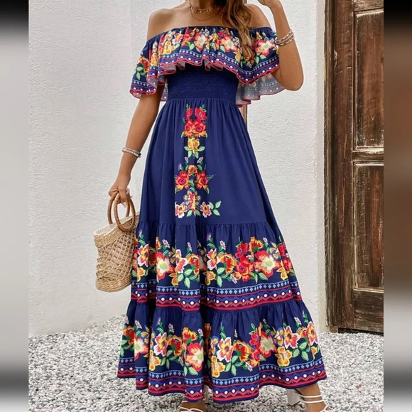 Floral Print Off Shoulder Ruffle Hem Dress - Picture 1 of 5